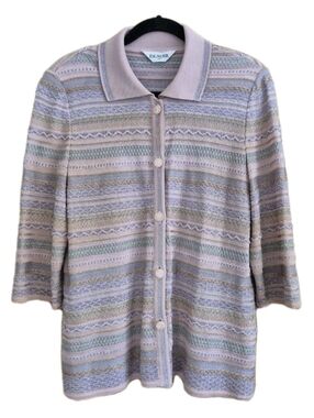 ESCALIER Pastel Textured Knit Cardigan Sweater Top 3/4 Sleeve Sz L Jewel Buttons